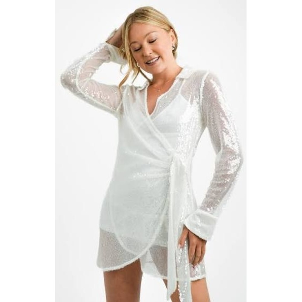 4th + Reckless NEW White Sequin Wrap Mini Dress Bridal Party READ!!! Size M